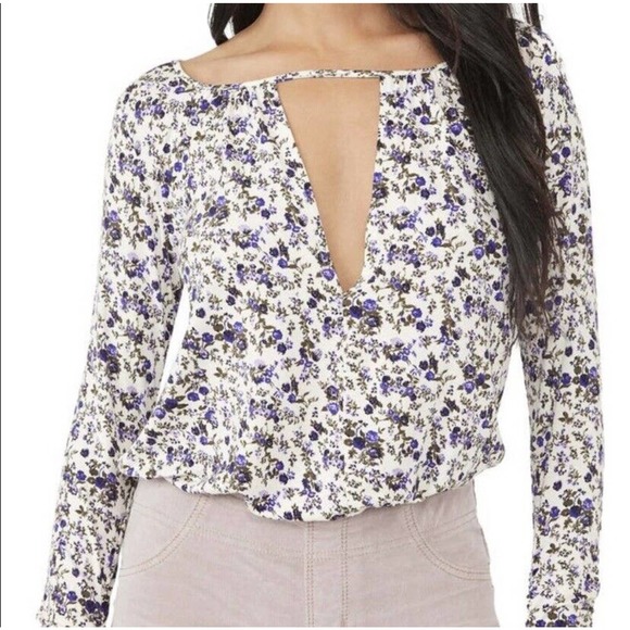 intimately free people kaya keyhole purple floral long sleeve bodysuit xs - Picture 1 of 7